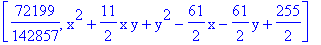 [72199/142857, x^2+11/2*x*y+y^2-61/2*x-61/2*y+255/2]